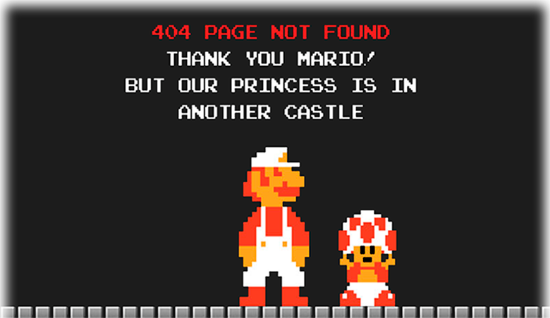 Imagen de Error 404, se ve a Mario Bross en el castillo de Bowser en busqueda de la princesa. Toad comenta que la princesa se encuentra en otro castillo