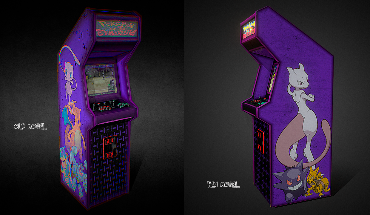 Maquina arcade, con diseño de Pokemon. Version con poco uso y otra version deteriorada